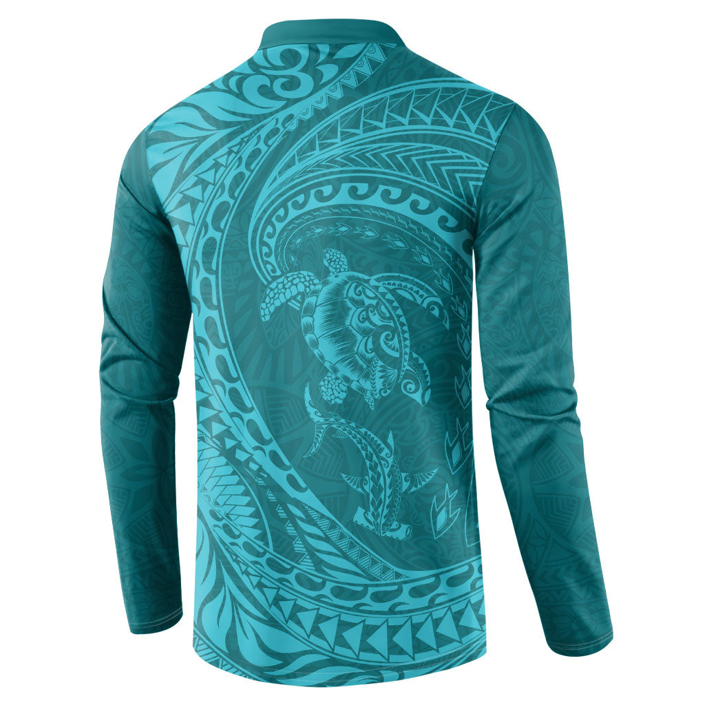 Hawaiian Turtle and Shark Button Sweatshirt Kakau Tribal with Polynesian Pattern Turquoise Color LT03 - Polynesian Pride
