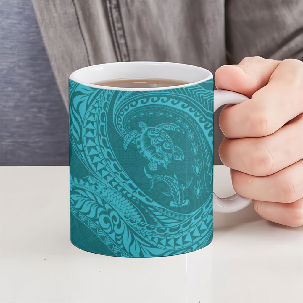 Hawaiian Turtle and Shark Ceramic Mug Kakau Tribal with Polynesian Pattern Turquoise Color LT03 - Polynesian Pride