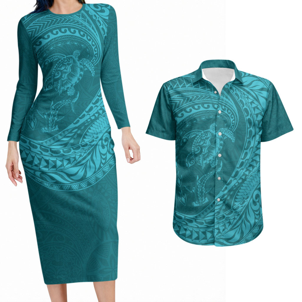 Hawaiian Turtle and Shark Couples Matching Long Sleeve Bodycon Dress and Hawaiian Shirt Kakau Tribal with Polynesian Pattern Turquoise Color LT03 Turquoise - Polynesian Pride