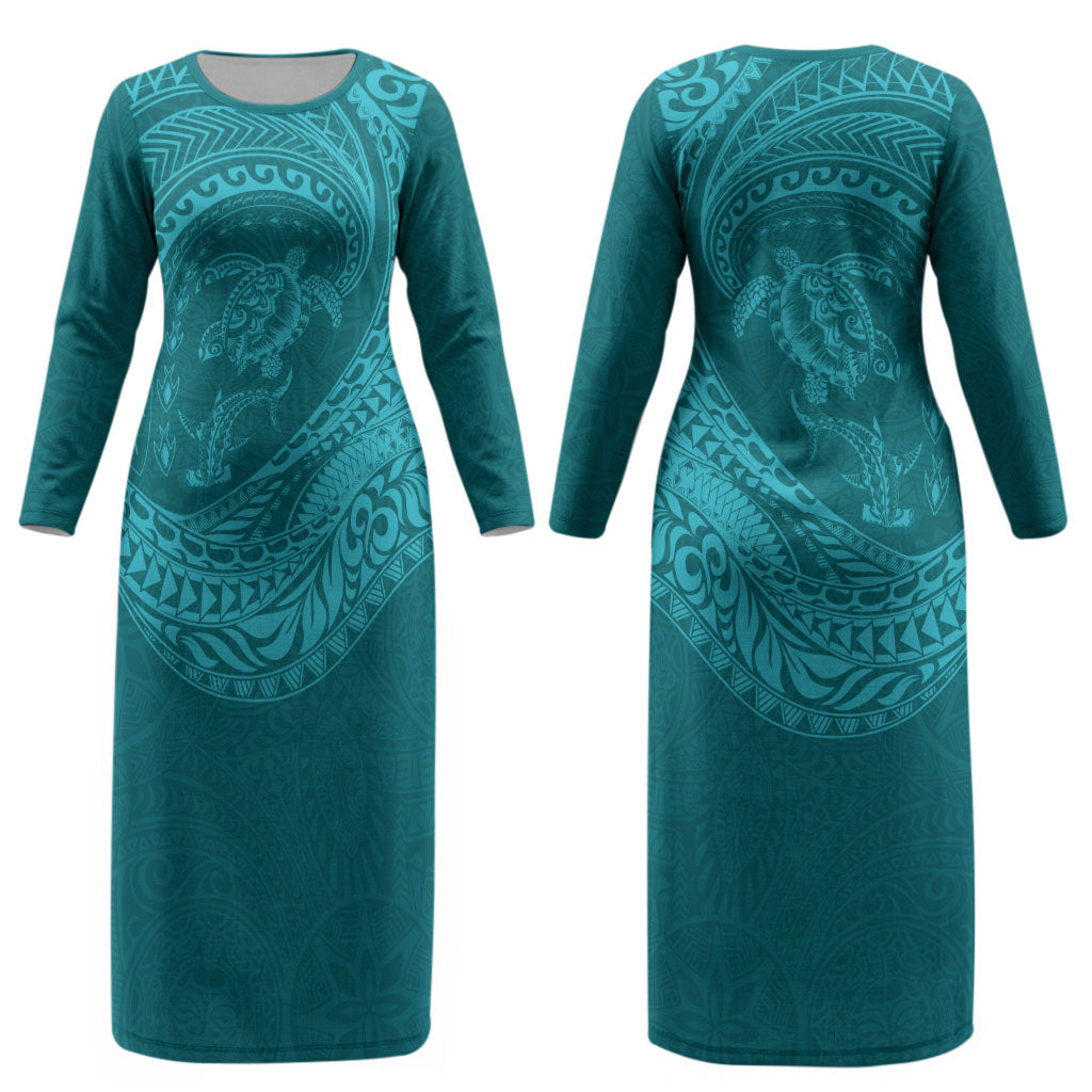 Hawaiian Turtle and Shark Couples Matching Long Sleeve Bodycon Dress and Hawaiian Shirt Kakau Tribal with Polynesian Pattern Turquoise Color LT03 - Polynesian Pride