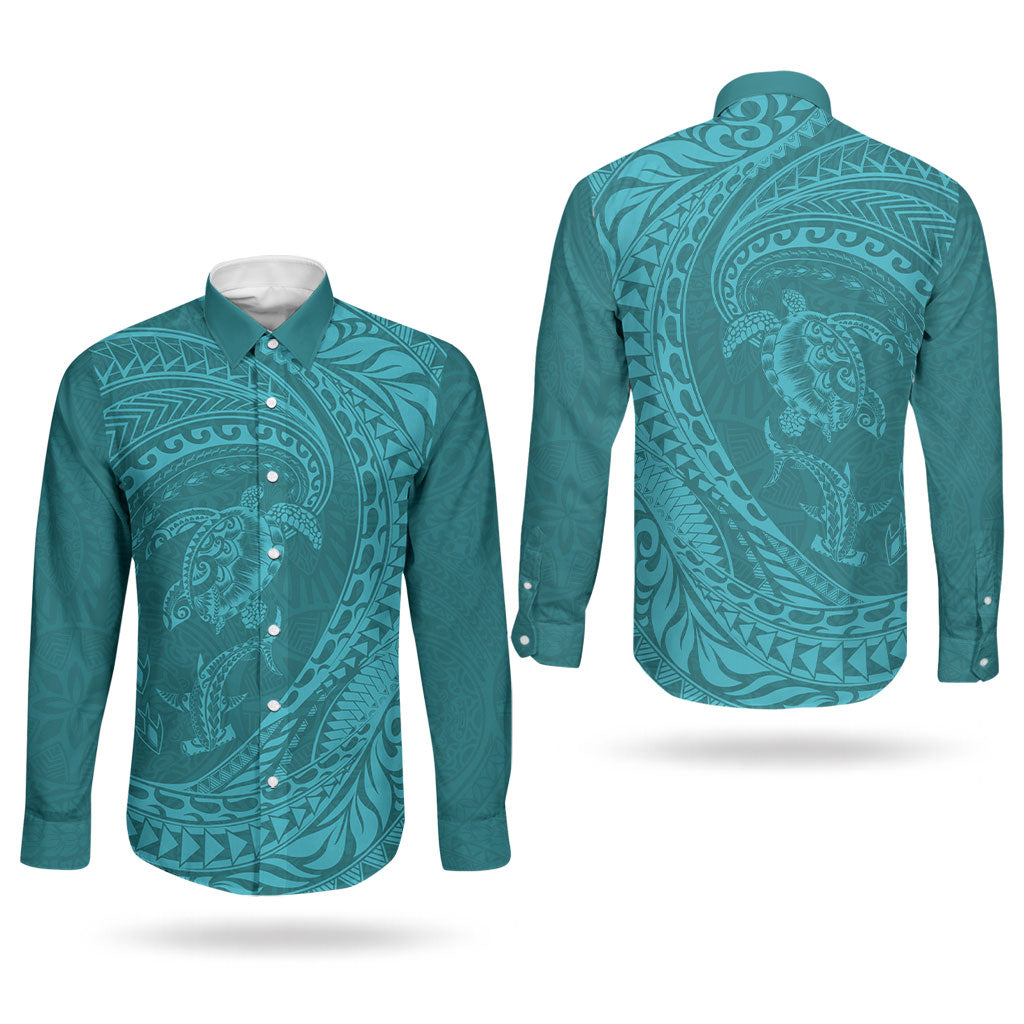 Hawaiian Turtle and Shark Couples Matching Long Sleeve Bodycon Dress and Long Sleeve Button Shirt Kakau Tribal with Polynesian Pattern Turquoise Color LT03 - Polynesian Pride