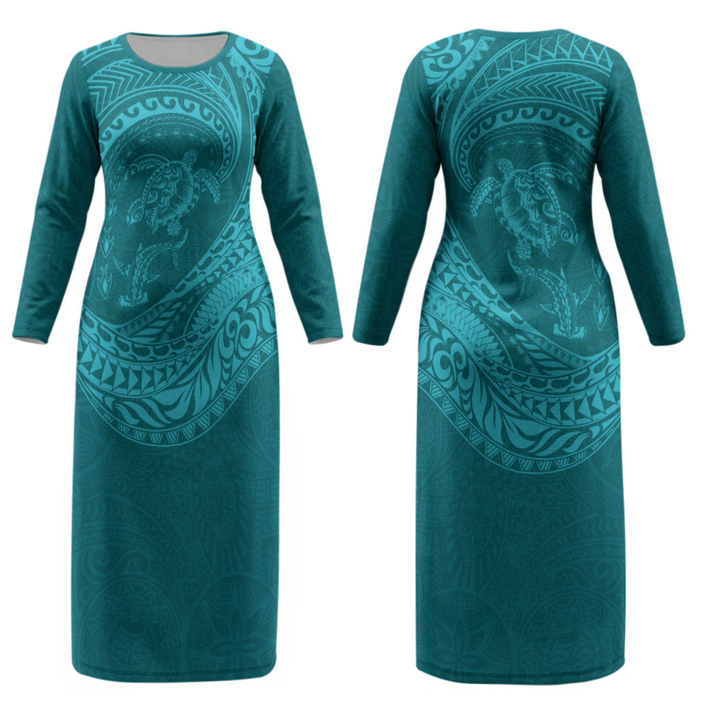 Hawaiian Turtle and Shark Couples Matching Long Sleeve Bodycon Dress and Long Sleeve Button Shirt Kakau Tribal with Polynesian Pattern Turquoise Color LT03 - Polynesian Pride