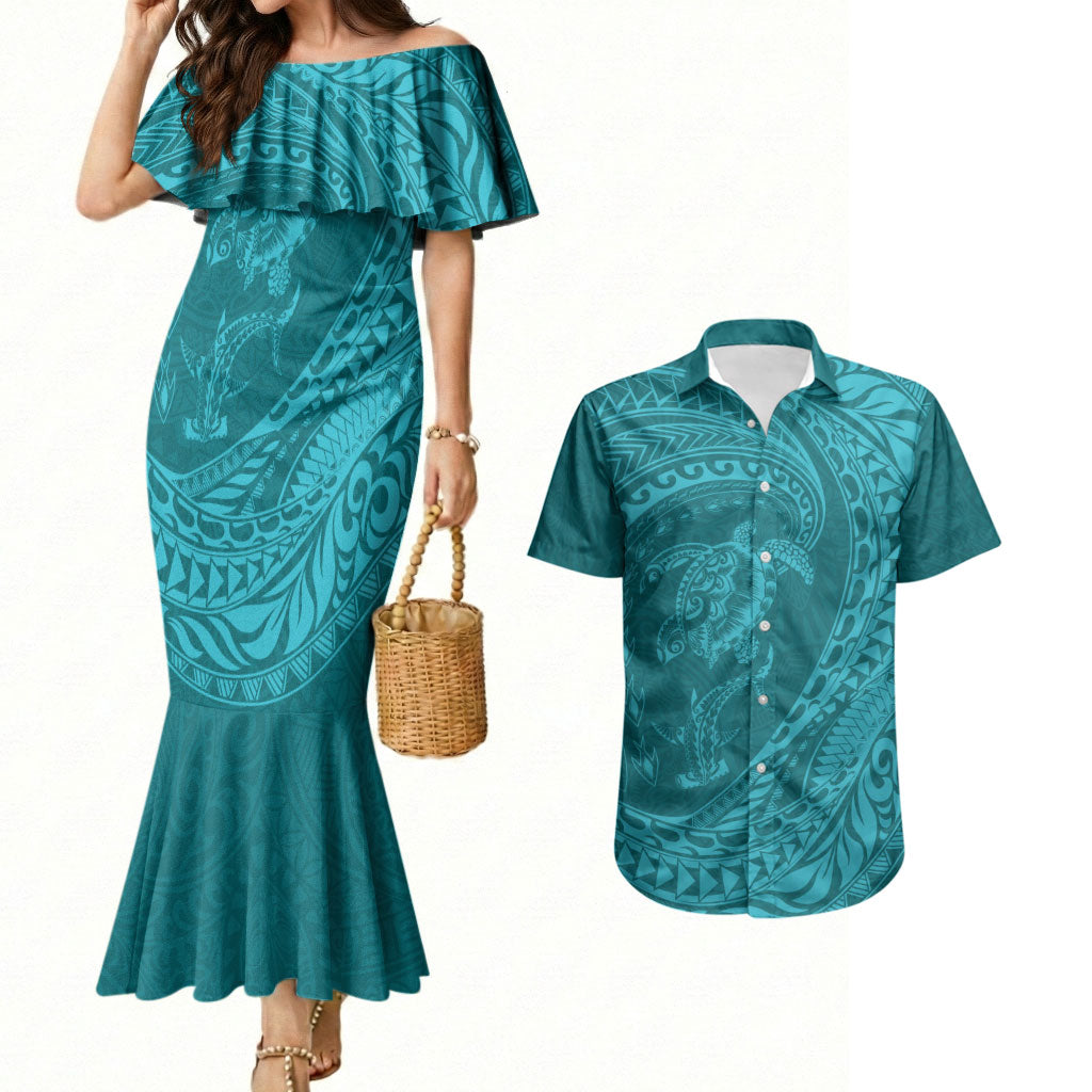 Hawaiian Turtle and Shark Couples Matching Mermaid Dress and Hawaiian Shirt Kakau Tribal with Polynesian Pattern Turquoise Color LT03 Turquoise - Polynesian Pride