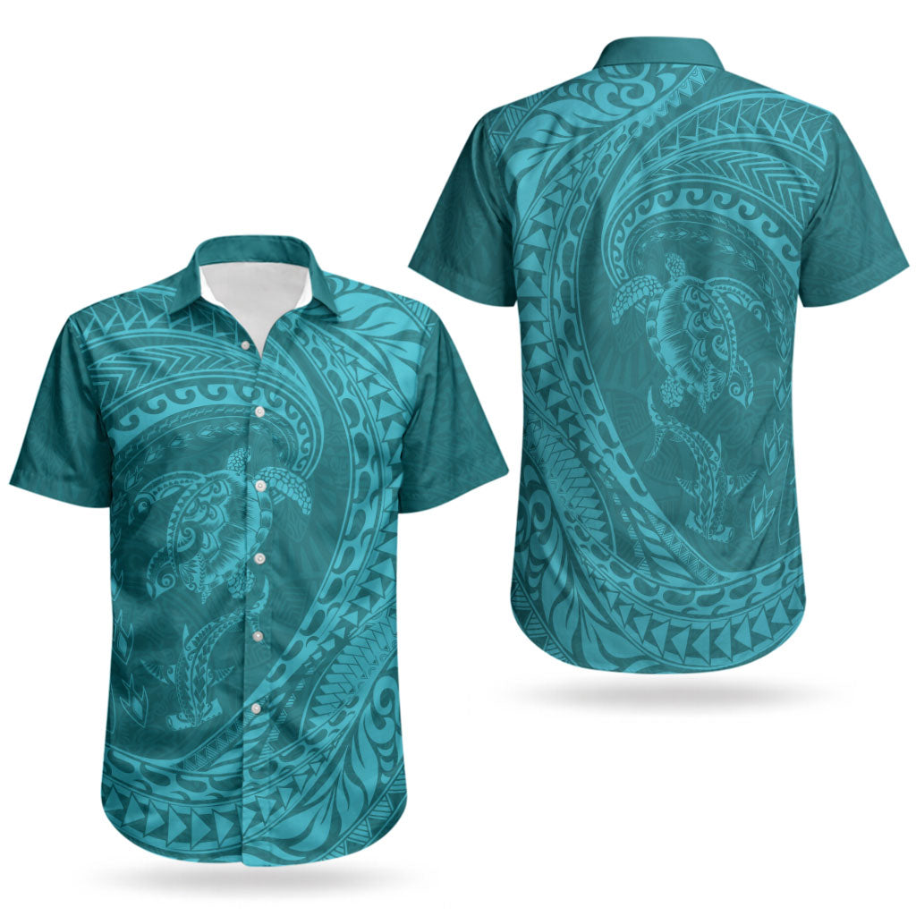 Hawaiian Turtle and Shark Couples Matching Off The Shoulder Long Sleeve Dress and Hawaiian Shirt Kakau Tribal with Polynesian Pattern Turquoise Color LT03 - Polynesian Pride