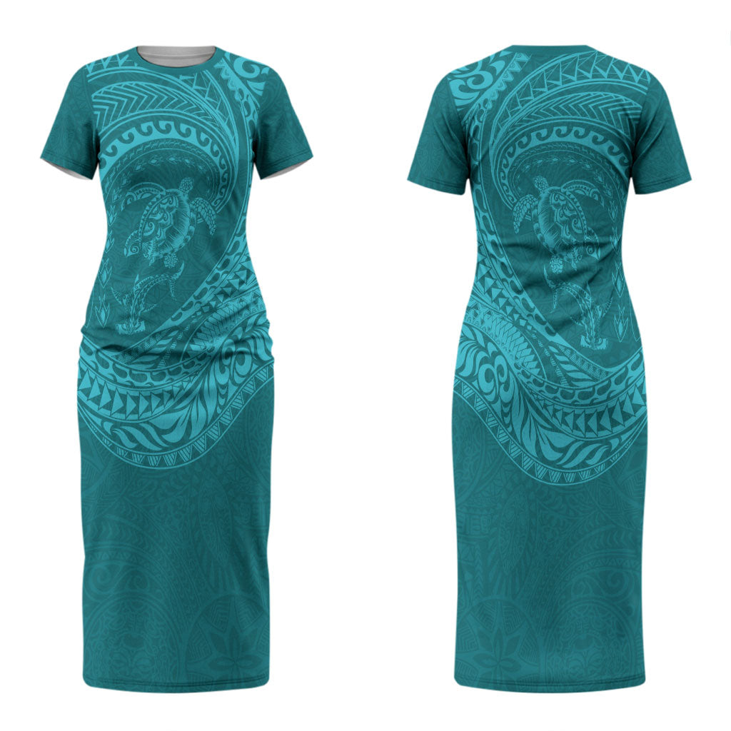 Hawaiian Turtle and Shark Couples Matching Short Sleeve Bodycon Dress and Hawaiian Shirt Kakau Tribal with Polynesian Pattern Turquoise Color LT03 - Polynesian Pride