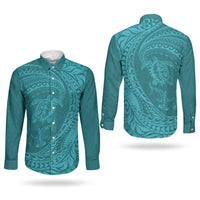 Hawaiian Turtle and Shark Couples Matching Short Sleeve Bodycon Dress and Long Sleeve Button Shirt Kakau Tribal with Polynesian Pattern Turquoise Color LT03 - Polynesian Pride