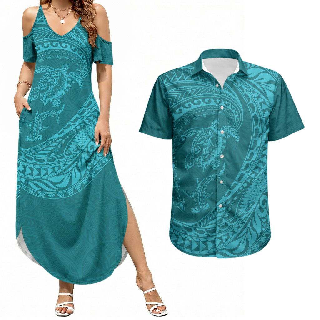 Hawaiian Turtle and Shark Couples Matching Summer Maxi Dress and Hawaiian Shirt Kakau Tribal with Polynesian Pattern Turquoise Color LT03 Turquoise - Polynesian Pride