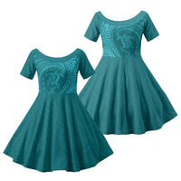 Hawaiian Turtle and Shark Family Matching Off The Shoulder Long Sleeve Dress and Hawaiian Shirt Kakau Tribal with Polynesian Pattern Turquoise Color LT03 Daughter's Dress Turquoise - Polynesian Pride