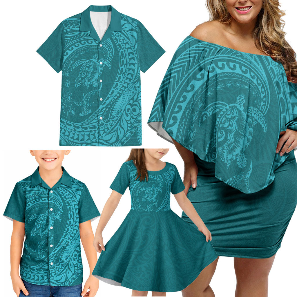 Hawaiian Turtle and Shark Family Matching Off Shoulder Short Dress and Hawaiian Shirt Kakau Tribal with Polynesian Pattern Turquoise Color LT03 - Polynesian Pride