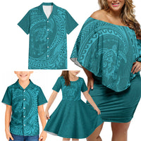 Hawaiian Turtle and Shark Family Matching Off Shoulder Short Dress and Hawaiian Shirt Kakau Tribal with Polynesian Pattern Turquoise Color LT03 - Polynesian Pride