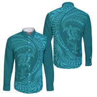 Hawaiian Turtle and Shark Family Matching Off Shoulder Short Dress and Hawaiian Shirt Kakau Tribal with Polynesian Pattern Turquoise Color LT03 Dad's Shirt - Long Sleeve Turquoise - Polynesian Pride