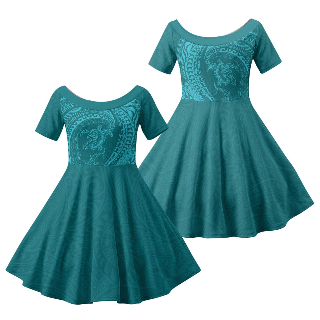 Hawaiian Turtle and Shark Family Matching Off Shoulder Short Dress and Hawaiian Shirt Kakau Tribal with Polynesian Pattern Turquoise Color LT03 Daughter's Dress Turquoise - Polynesian Pride