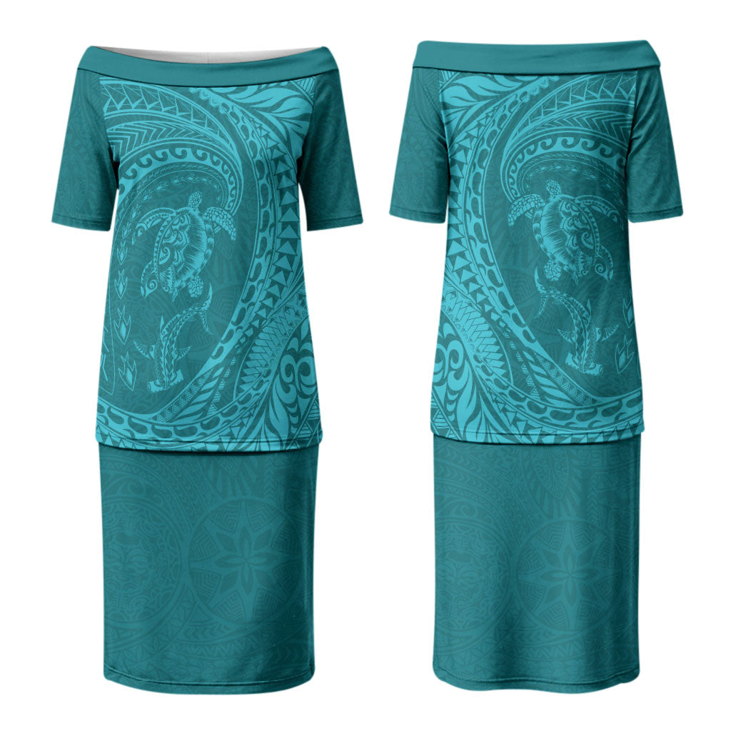 Hawaiian Turtle and Shark Family Matching Puletasi and Hawaiian Shirt Kakau Tribal with Polynesian Pattern Turquoise Color LT03 Mom's Dress Turquoise - Polynesian Pride