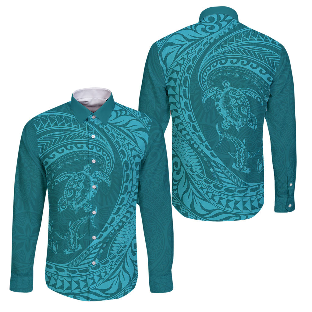 Hawaiian Turtle and Shark Family Matching Short Sleeve Bodycon Dress and Hawaiian Shirt Kakau Tribal with Polynesian Pattern Turquoise Color LT03 Dad's Shirt - Long Sleeve Turquoise - Polynesian Pride