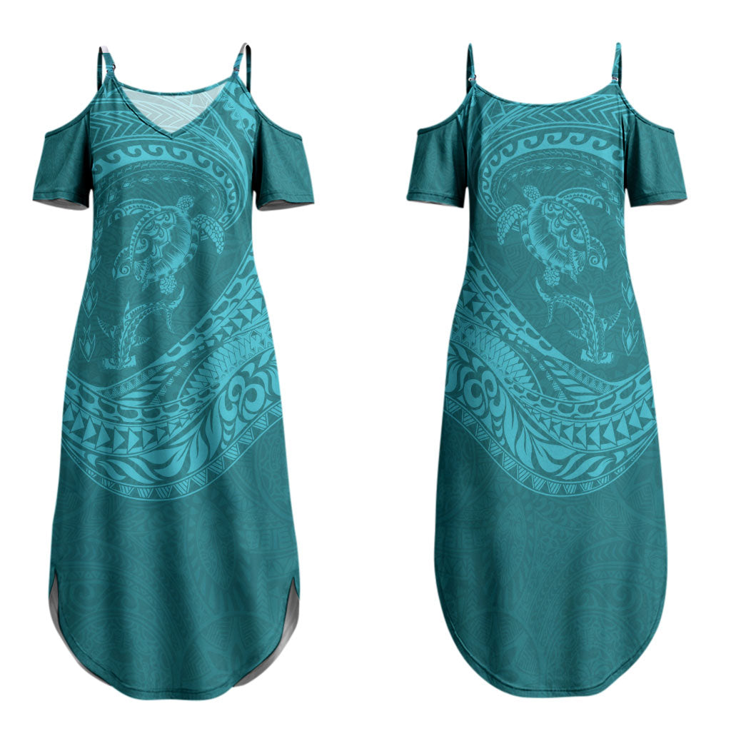 Hawaiian Turtle and Shark Family Matching Summer Maxi Dress and Hawaiian Shirt Kakau Tribal with Polynesian Pattern Turquoise Color LT03 Mom's Dress Turquoise - Polynesian Pride