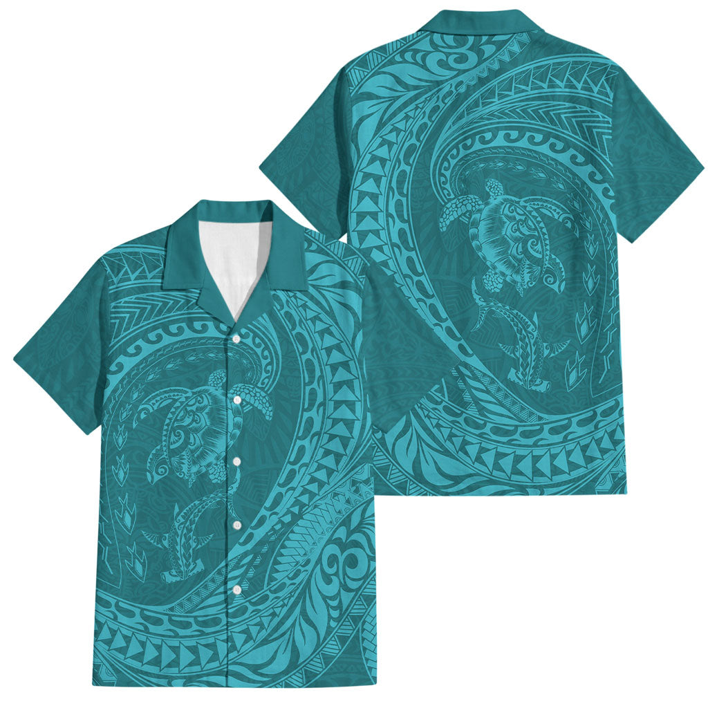 Hawaiian Turtle and Shark Family Matching Summer Maxi Dress and Hawaiian Shirt Kakau Tribal with Polynesian Pattern Turquoise Color LT03 Dad's Shirt - Short Sleeve Turquoise - Polynesian Pride