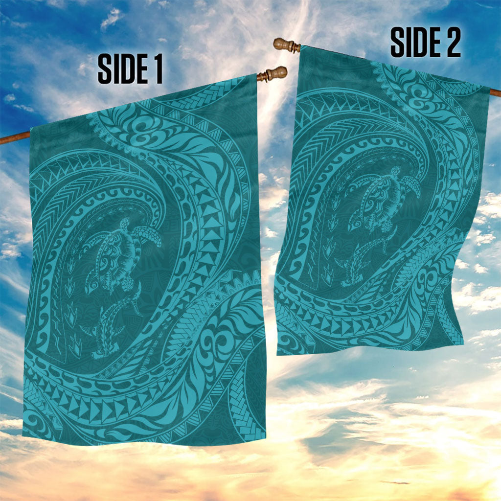 Hawaiian Turtle and Shark Garden Flag Kakau Tribal with Polynesian Pattern Turquoise Color LT03 - Polynesian Pride