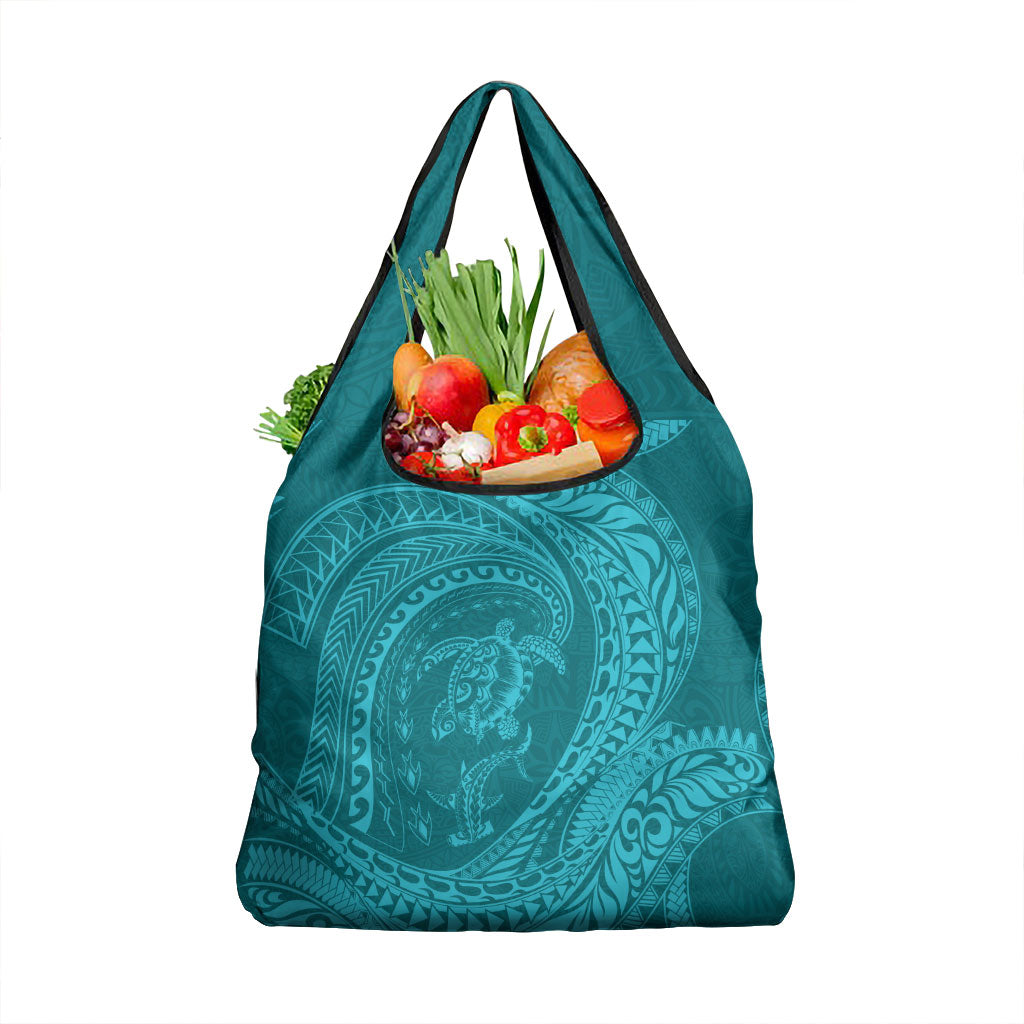 Hawaiian Turtle and Shark Grocery Bag Kakau Tribal with Polynesian Pattern Turquoise Color LT03 1-pack One Size Turquoise - Polynesian Pride