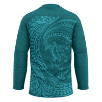 Hawaiian Turtle and Shark Hockey Jersey Kakau Tribal with Polynesian Pattern Turquoise Color LT03 - Polynesian Pride