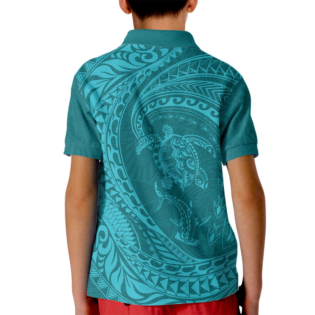 Hawaiian Turtle and Shark Kid Polo Shirt Kakau Tribal with Polynesian Pattern Turquoise Color LT03 - Polynesian Pride