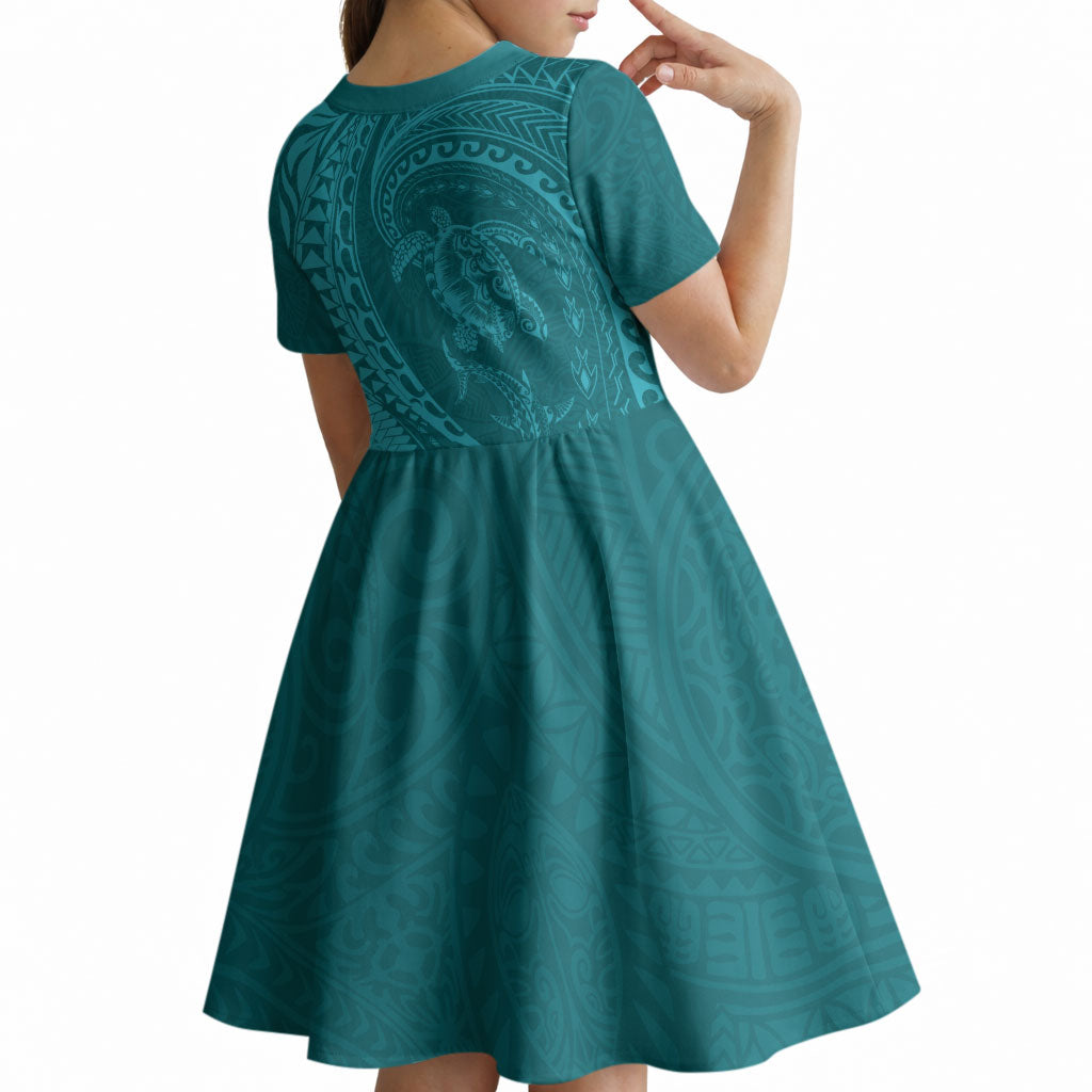 Hawaiian Turtle and Shark Kid Short Sleeve Dress Kakau Tribal with Polynesian Pattern Turquoise Color LT03 - Polynesian Pride