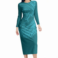 Hawaiian Turtle and Shark Long Sleeve Bodycon Dress Kakau Tribal with Polynesian Pattern Turquoise Color LT03 Long Dress Turquoise - Polynesian Pride