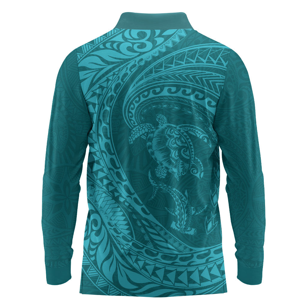 Hawaiian Turtle and Shark Long Sleeve Polo Shirt Kakau Tribal with Polynesian Pattern Turquoise Color LT03 - Polynesian Pride