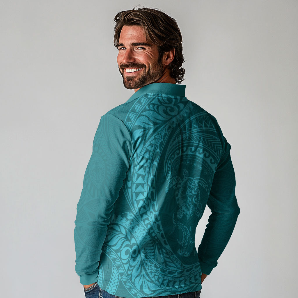 Hawaiian Turtle and Shark Long Sleeve Polo Shirt Kakau Tribal with Polynesian Pattern Turquoise Color LT03 - Polynesian Pride