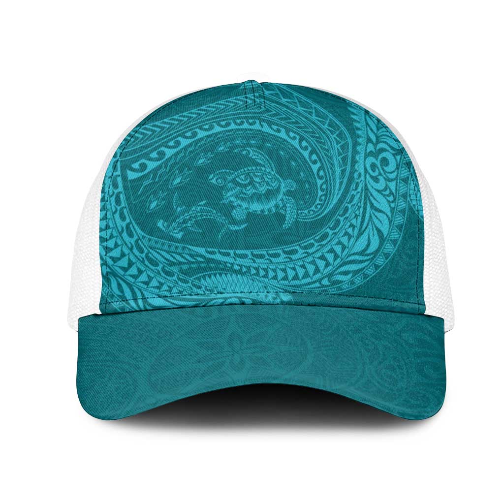 Hawaiian Turtle and Shark Mesh Trucker Cap Kakau Tribal with Polynesian Pattern Turquoise Color LT03 One Size White Turquoise - Polynesian Pride