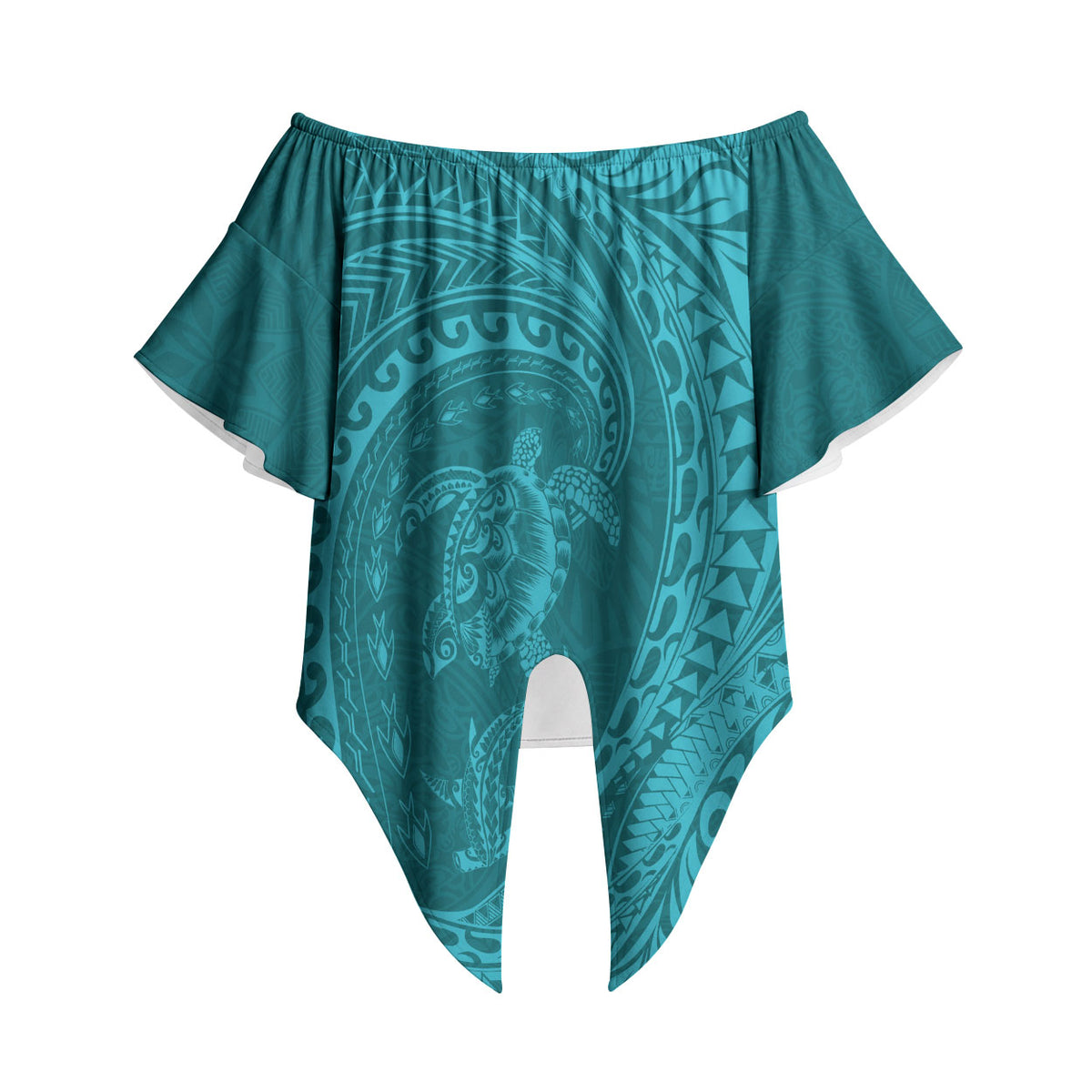 Hawaiian Turtle and Shark Off Shoulder Wrap Waist Top Kakau Tribal with Polynesian Pattern Turquoise Color LT03 - Polynesian Pride