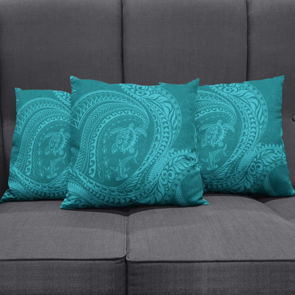 Hawaiian Turtle and Shark Pillow Cover Kakau Tribal with Polynesian Pattern Turquoise Color LT03 - Polynesian Pride