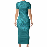 Hawaiian Turtle and Shark Short Sleeve Bodycon Dress Kakau Tribal with Polynesian Pattern Turquoise Color LT03 - Polynesian Pride