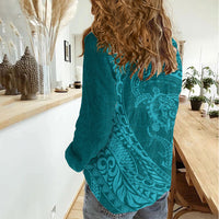Hawaiian Turtle and Shark Women Casual Shirt Kakau Tribal with Polynesian Pattern Turquoise Color LT03 - Polynesian Pride