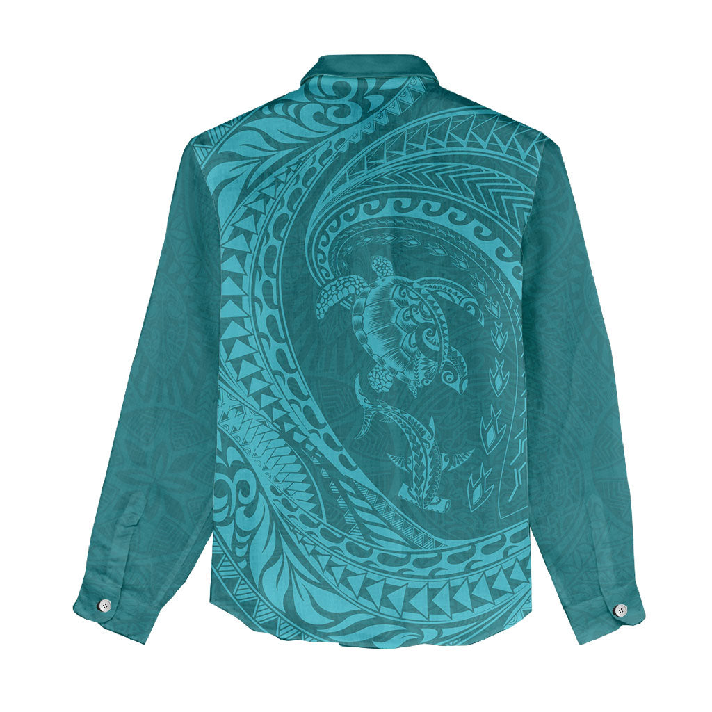 Hawaiian Turtle and Shark Women Casual Shirt Kakau Tribal with Polynesian Pattern Turquoise Color LT03 - Polynesian Pride