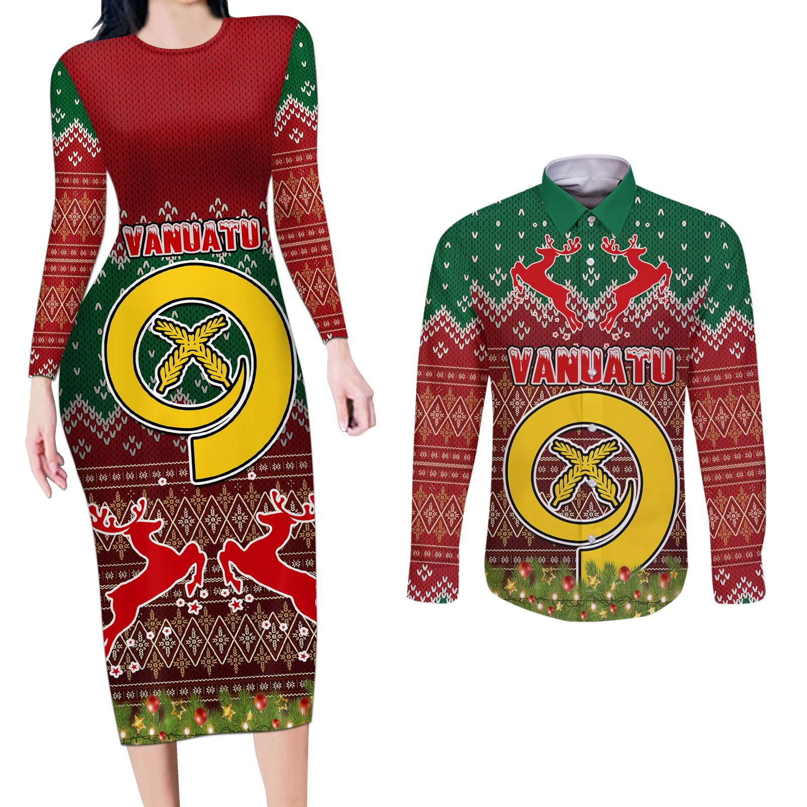 Vanuatu Christmas Couples Matching Long Sleeve Bodycon Dress and Long Sleeve Button Shirts Pig Tusk Beautiful Merry Xmas Snowflake LT03 Red - Polynesian Pride