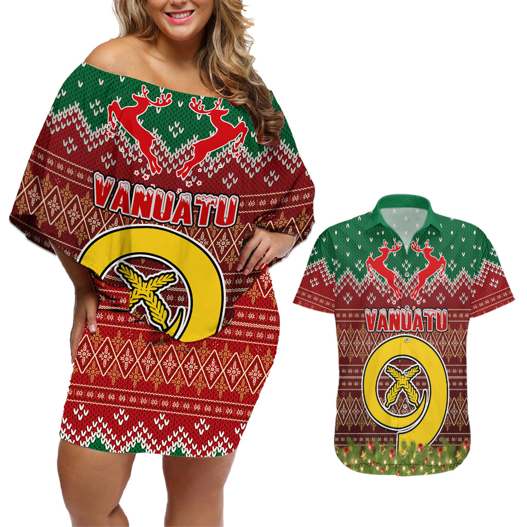Vanuatu Christmas Couples Matching Off Shoulder Short Dress and Hawaiian Shirt Pig Tusk Beautiful Merry Xmas Snowflake LT03 Red - Polynesian Pride