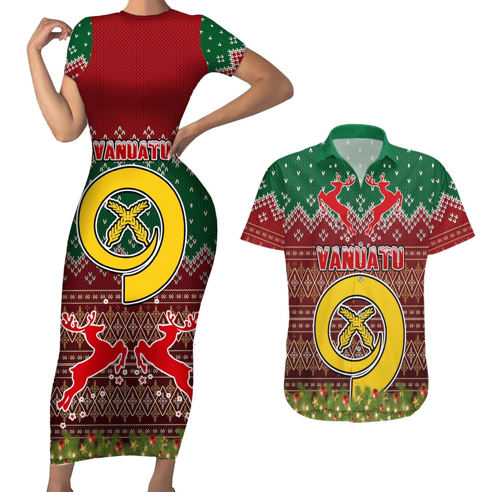 Vanuatu Christmas Couples Matching Short Sleeve Bodycon Dress and Hawaiian Shirt Pig Tusk Beautiful Merry Xmas Snowflake LT03 Red - Polynesian Pride