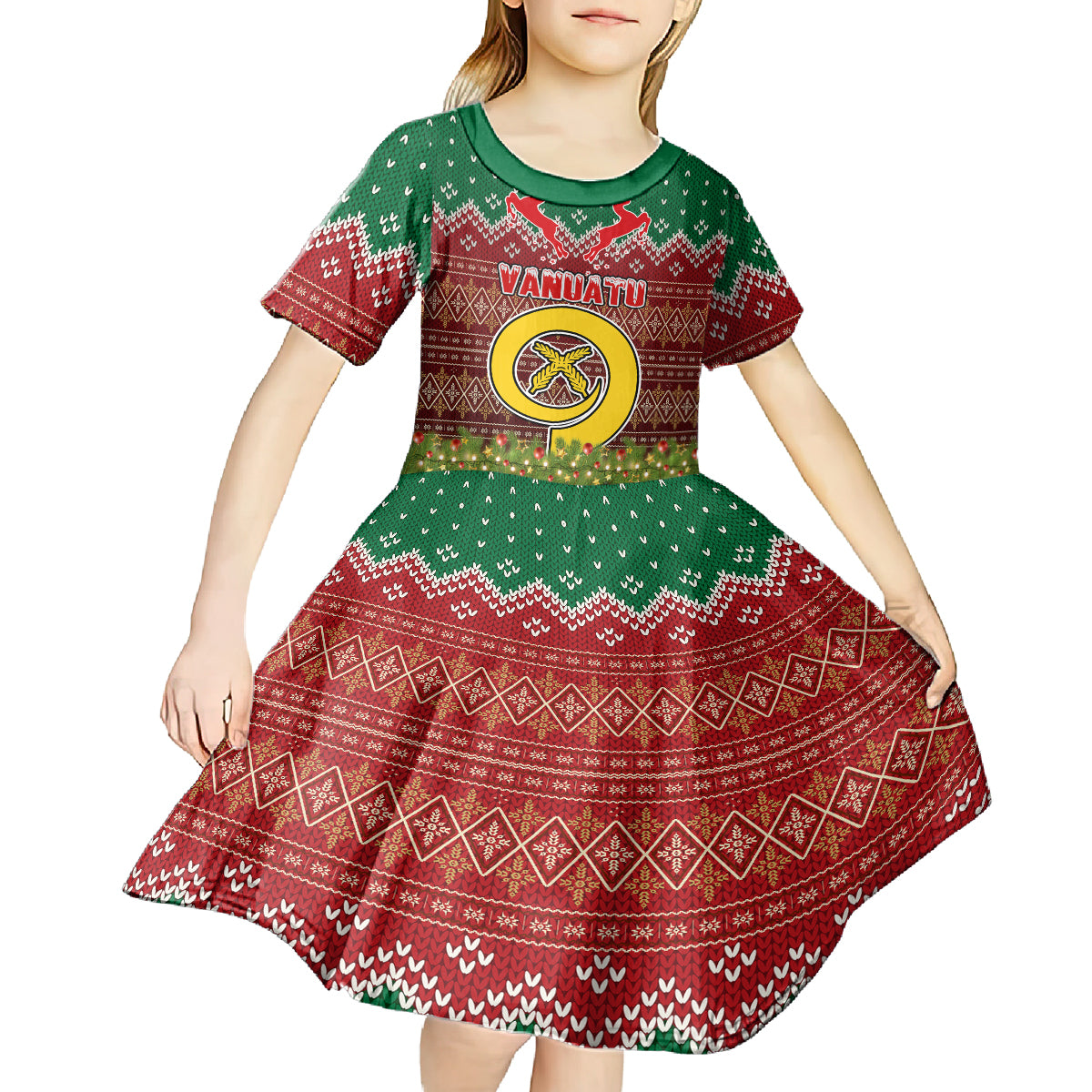Vanuatu Christmas Kid Short Sleeve Dress Pig Tusk Beautiful Merry Xmas Snowflake LT03 - Polynesian Pride