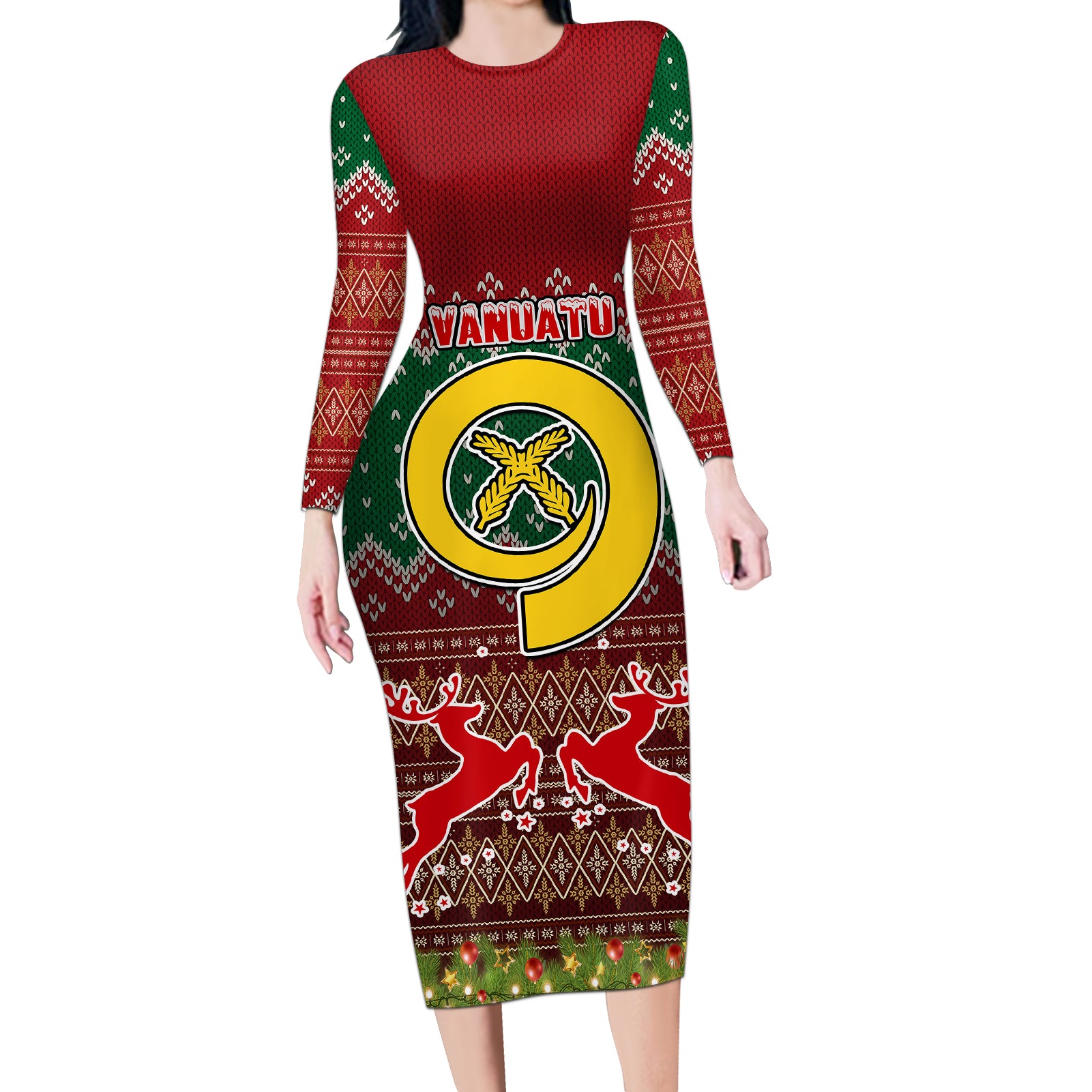 Vanuatu Christmas Long Sleeve Bodycon Dress Pig Tusk Beautiful Merry Xmas Snowflake LT03 Long Dress Red - Polynesian Pride