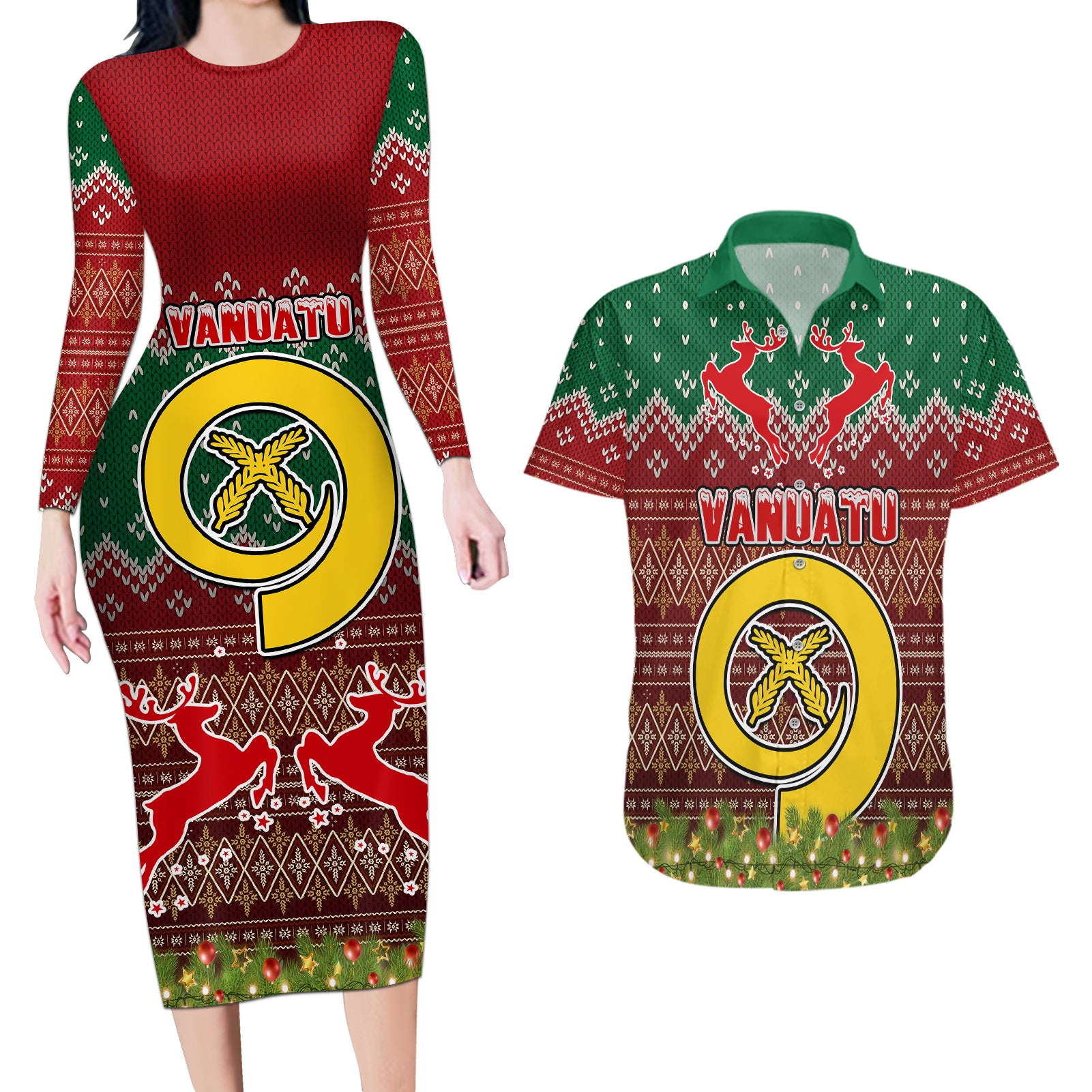 Personalised Vanuatu Christmas Couples Matching Long Sleeve Bodycon Dress and Hawaiian Shirt Pig Tusk Beautiful Merry Xmas Snowflake LT03 Red - Polynesian Pride