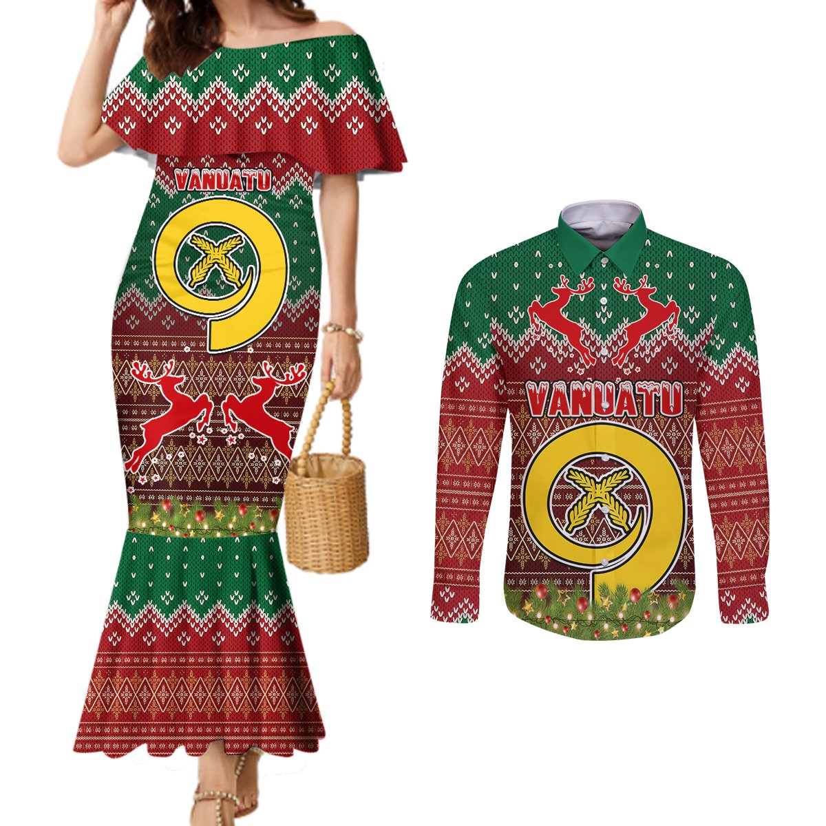Personalised Vanuatu Christmas Couples Matching Mermaid Dress and Long Sleeve Button Shirts Pig Tusk Beautiful Merry Xmas Snowflake LT03 Red - Polynesian Pride