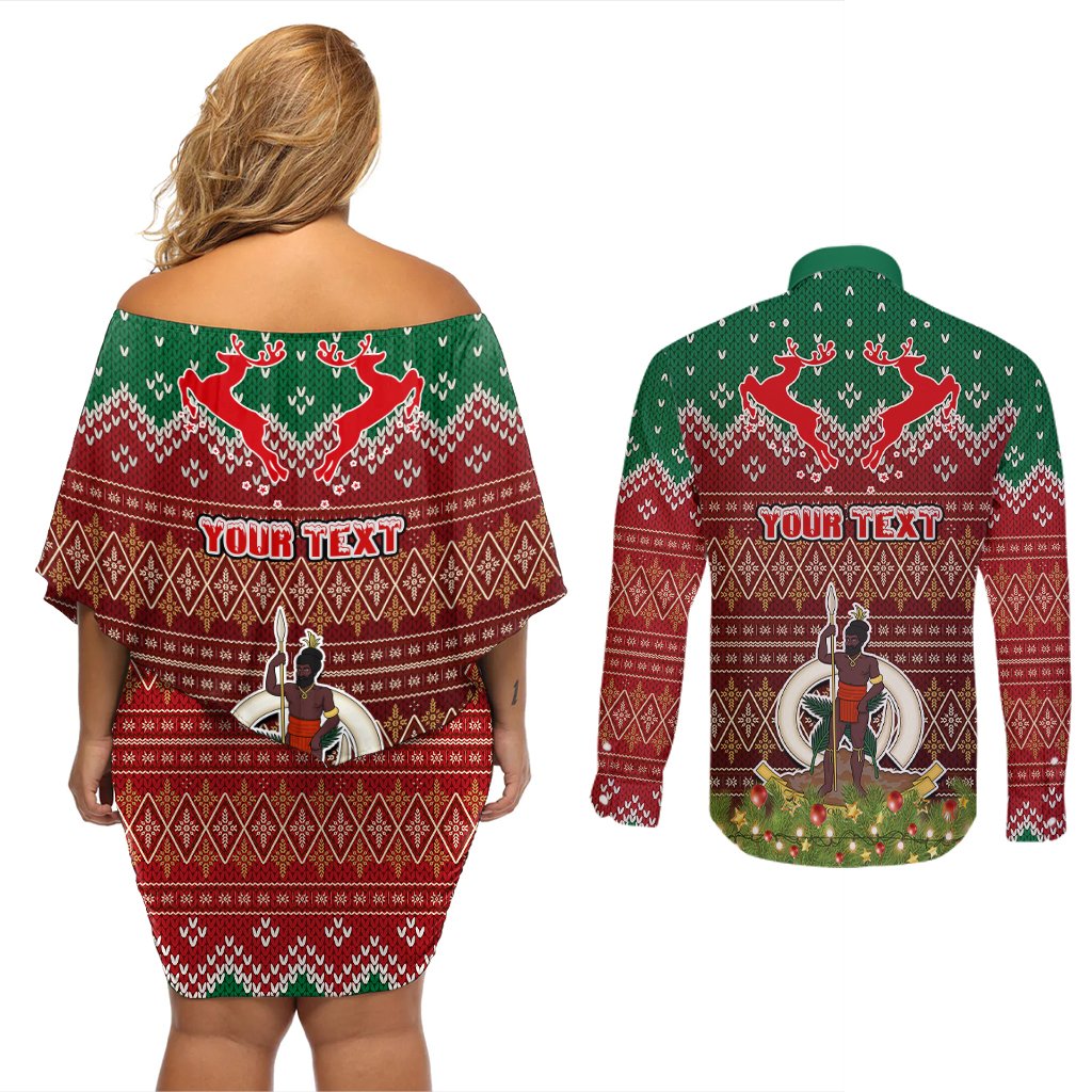 Personalised Vanuatu Christmas Couples Matching Off Shoulder Short Dress and Long Sleeve Button Shirts Pig Tusk Beautiful Merry Xmas Snowflake LT03 - Polynesian Pride