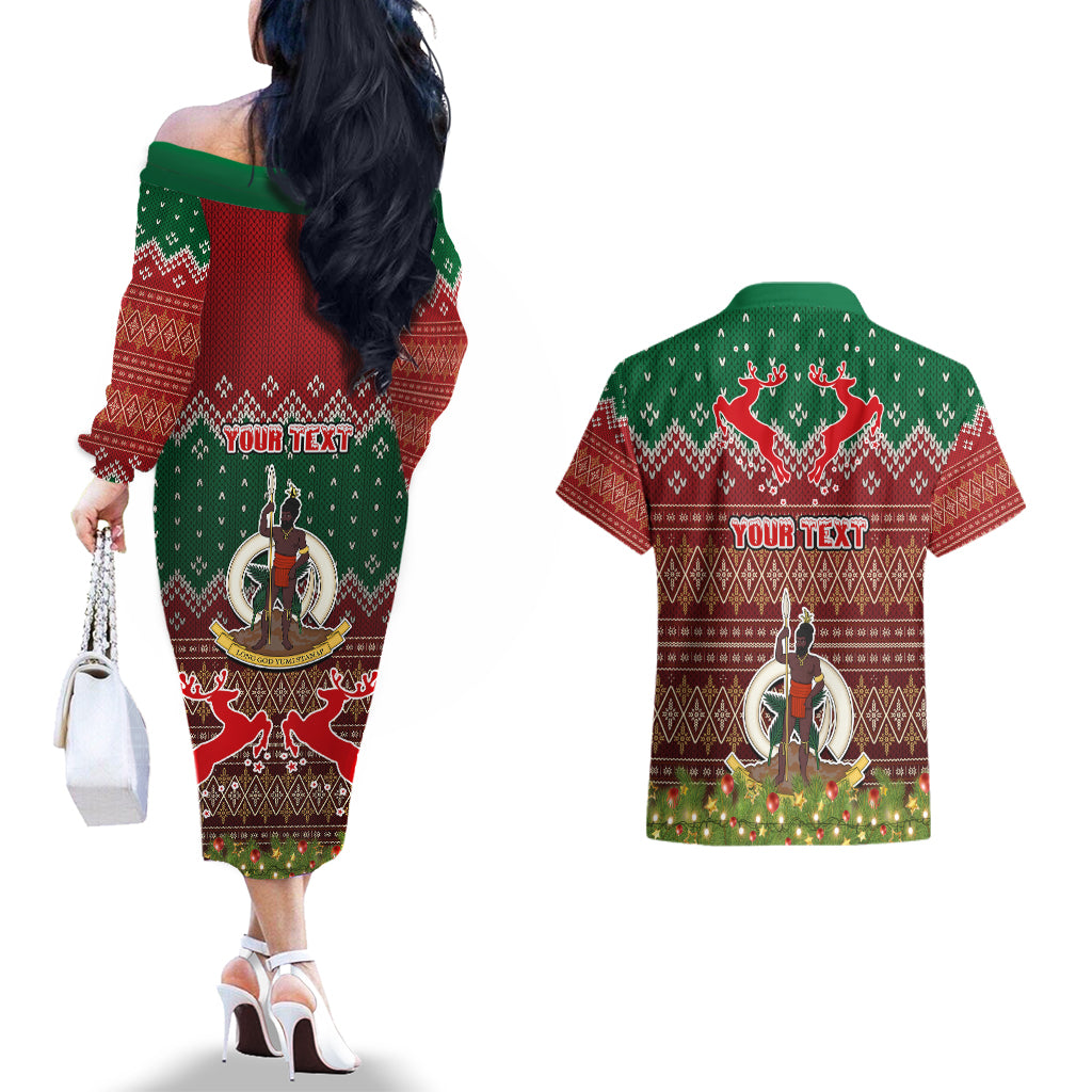 Personalised Vanuatu Christmas Couples Matching Off The Shoulder Long Sleeve Dress and Hawaiian Shirt Pig Tusk Beautiful Merry Xmas Snowflake LT03 - Polynesian Pride
