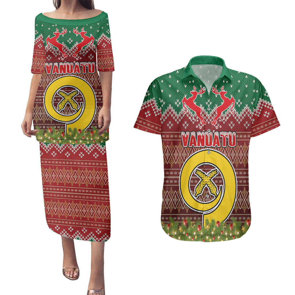 Personalised Vanuatu Christmas Couples Matching Puletasi Dress and Hawaiian Shirt Pig Tusk Beautiful Merry Xmas Snowflake LT03 Red - Polynesian Pride