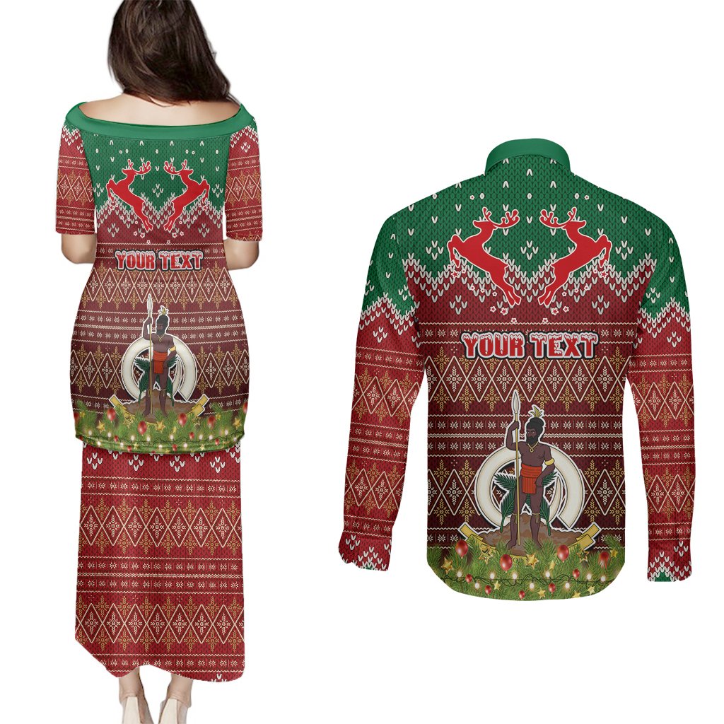 Personalised Vanuatu Christmas Couples Matching Puletasi Dress and Long Sleeve Button Shirts Pig Tusk Beautiful Merry Xmas Snowflake LT03 - Polynesian Pride