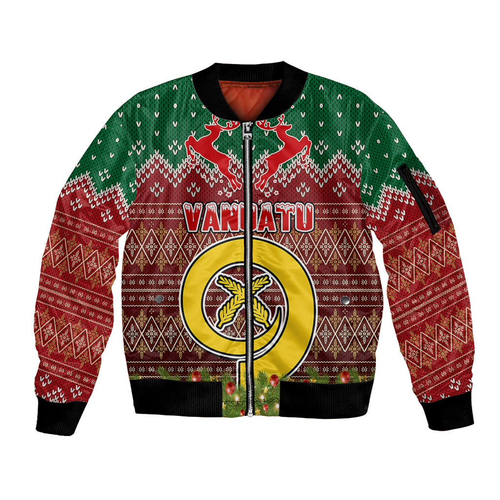 Personalised Vanuatu Christmas Sleeve Zip Bomber Jacket Pig Tusk Beautiful Merry Xmas Snowflake LT03 Unisex Red - Polynesian Pride