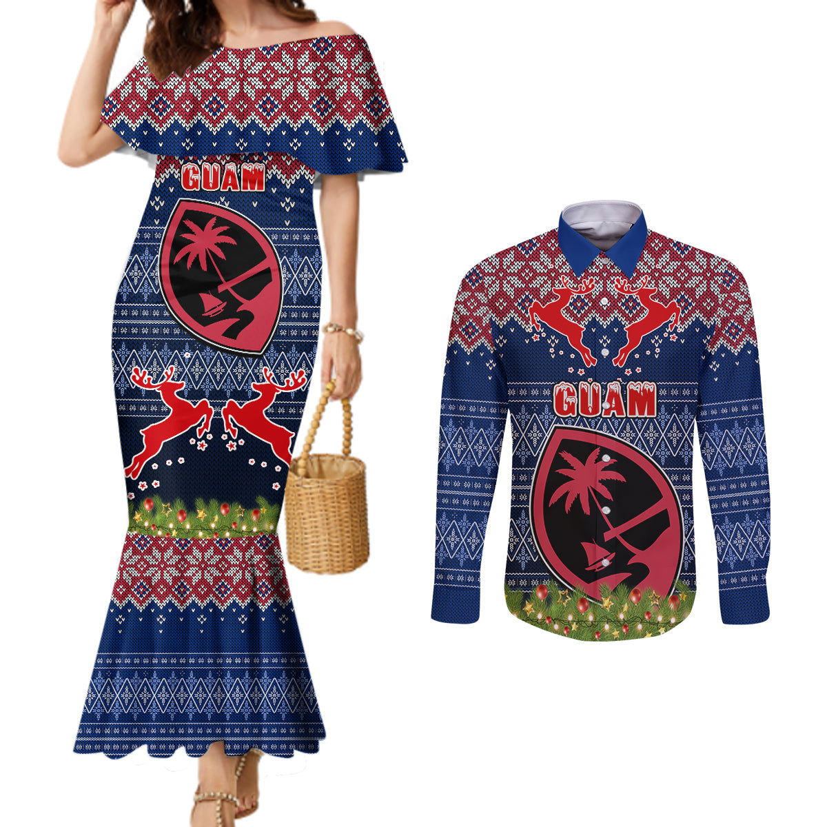 Guam Christmas Couples Matching Mermaid Dress and Long Sleeve Button Shirts Chamorro Guam Tattoos Beautiful Merry Xmas Snowflake LT03 Blue - Polynesian Pride