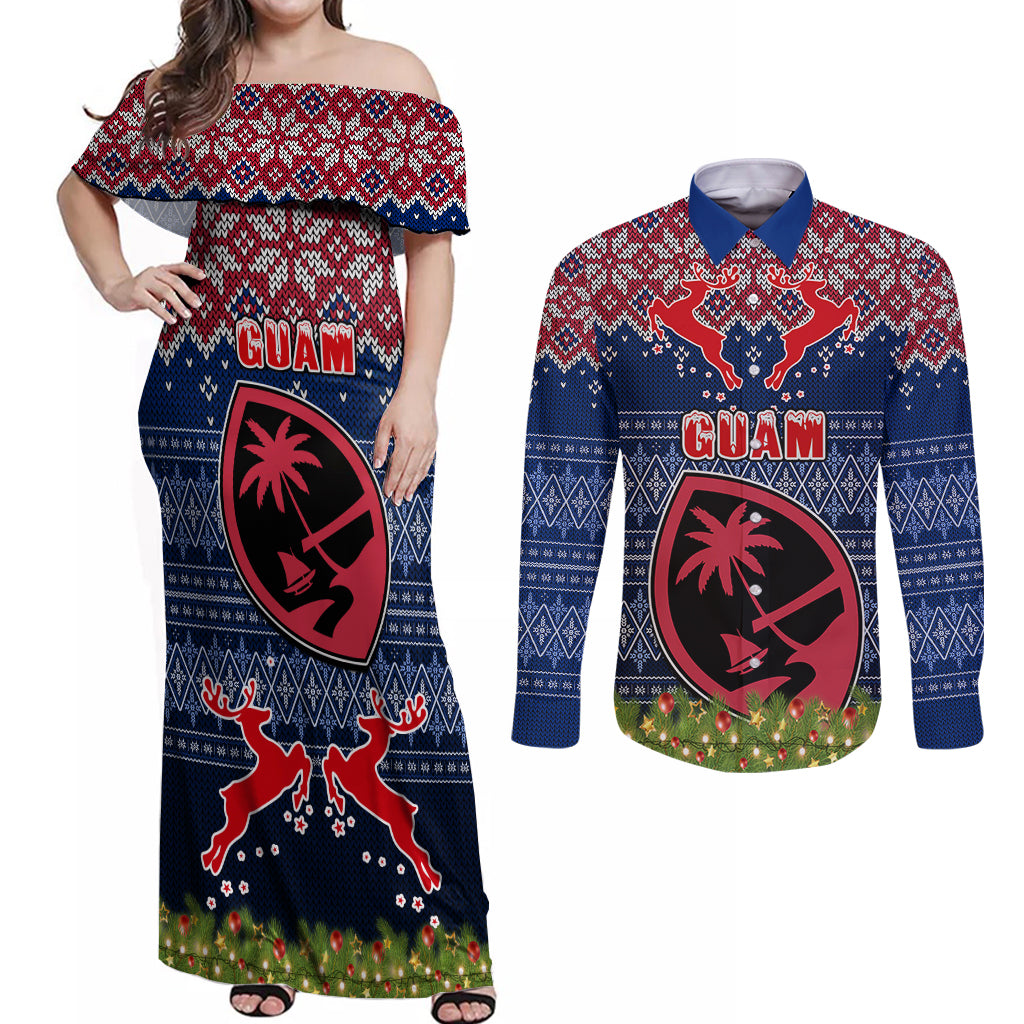 Guam Christmas Couples Matching Off Shoulder Maxi Dress and Long Sleeve Button Shirts Chamorro Guam Tattoos Beautiful Merry Xmas Snowflake LT03 Blue - Polynesian Pride