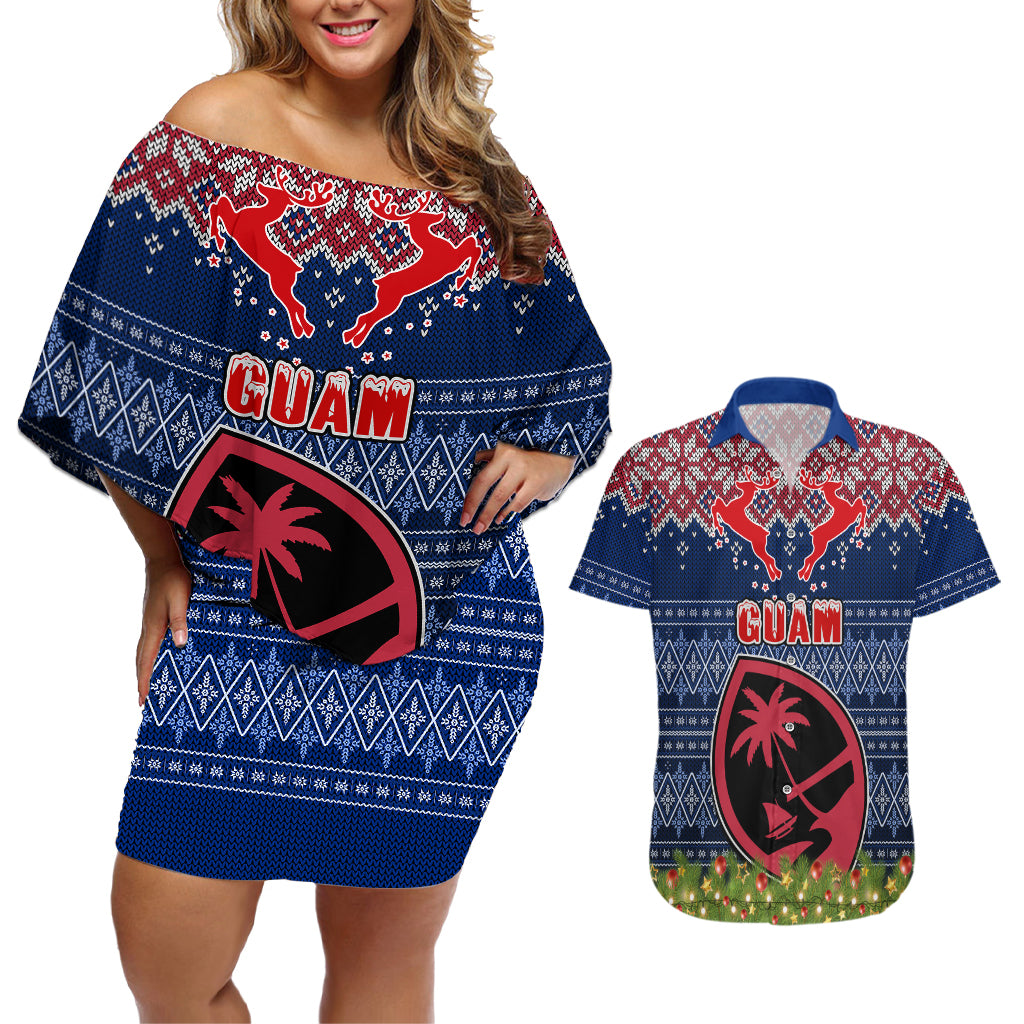 Guam Christmas Couples Matching Off Shoulder Short Dress and Hawaiian Shirt Chamorro Guam Tattoos Beautiful Merry Xmas Snowflake LT03 Blue - Polynesian Pride