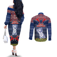 Guam Christmas Couples Matching Off The Shoulder Long Sleeve Dress and Long Sleeve Button Shirts Chamorro Guam Tattoos Beautiful Merry Xmas Snowflake LT03 - Polynesian Pride
